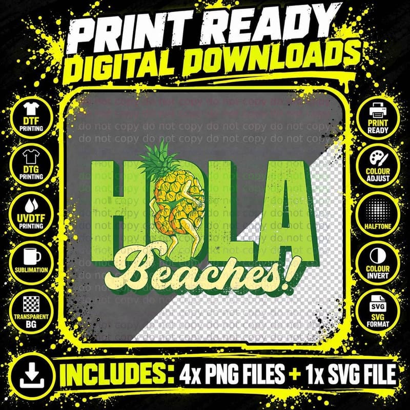 Funny Hola! Beaches Pineapple Wearing Thongs Pineapple Png SVG Digital Bundle