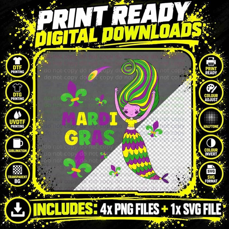 Funny Mardi Gras Mermaid Fleur De Lis Mardi Gras Png SVG Digital Bundle