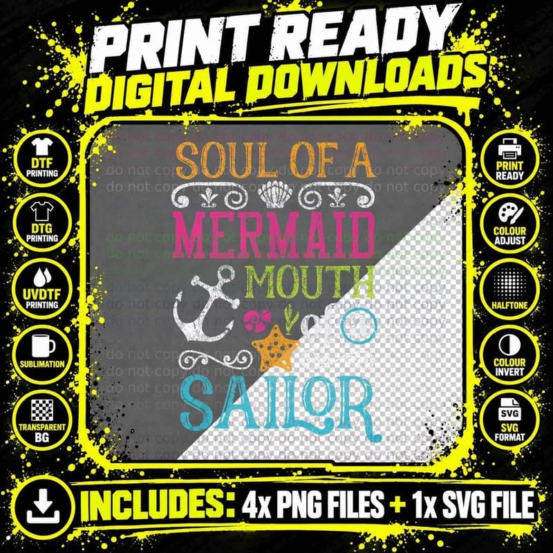 Funny Mermaid Shirt Soul of a Mermaid Mouth of a Sailor Png SVG Digital Bundle
