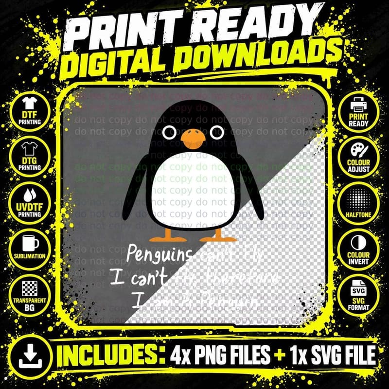 Funny Penguin T Cool I Can't Fly Animal Love Gift T-Shirt Png SVG Digital Bundle