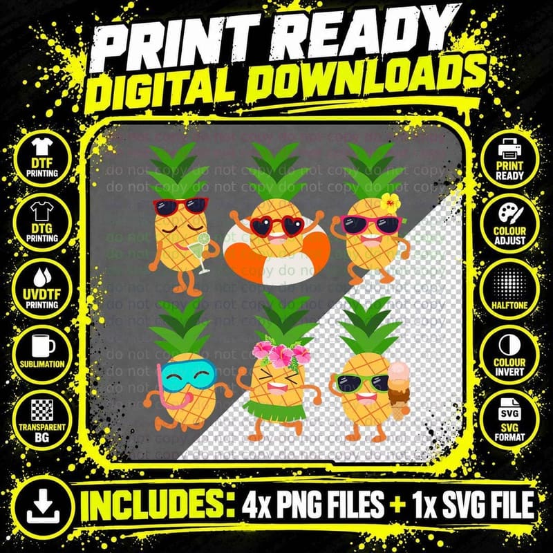 Funny Pineapple Ice Cream Hawaiian Summer Vacation Girls Png SVG Digital Bundle