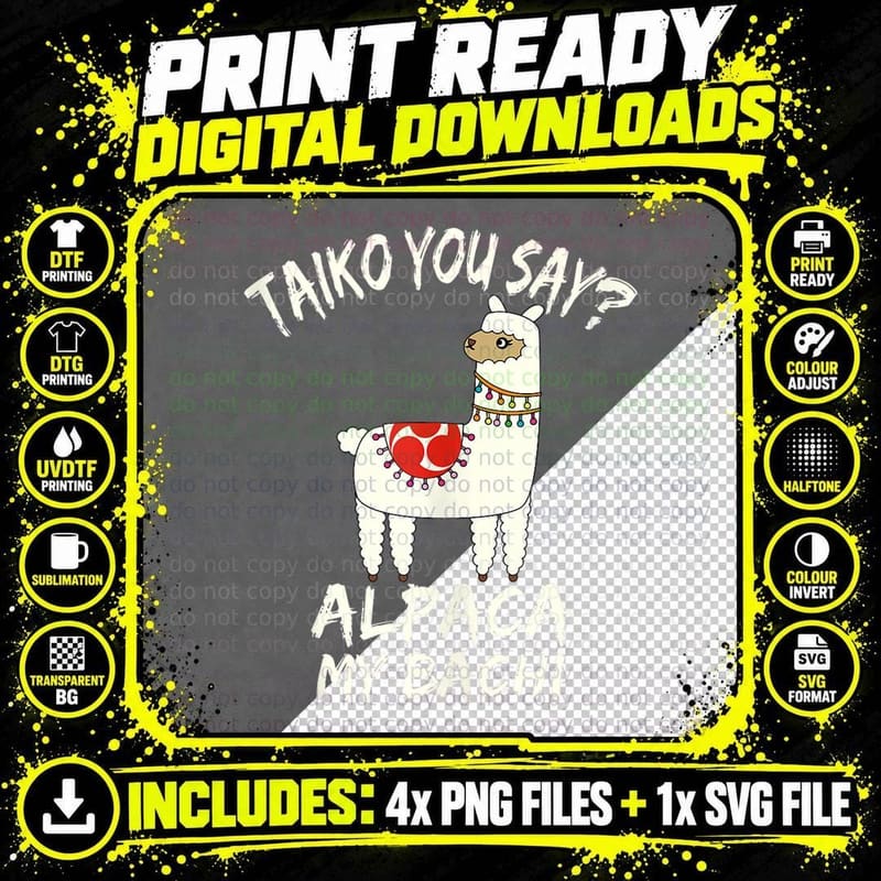Funny Taiko Alpaca Llama Bachi Pun Practice Group Gift Png SVG Digital Bundle