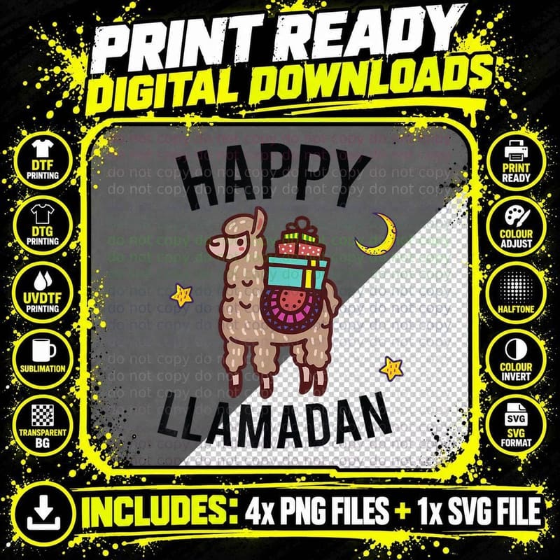 Happy Llamadan Funny Ramadan Kareem Llama Fans T-Shirt Png SVG Digital Bundle