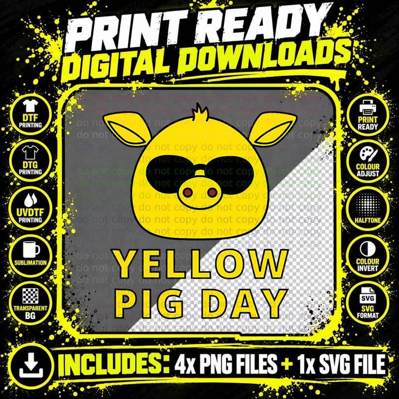 Happy Yellow Pig Day Funny Pigs and Animals T-Shirt Png SVG Digital Bundle