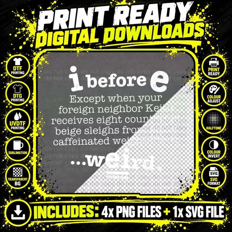 I Before E Except After C Funny Writing Grammar Humor Png SVG Digital Bundle