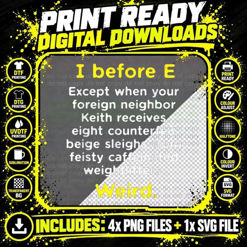 I Before E Funny English Grammar Exceptions Geek Nerd Png SVG Digital Bundle