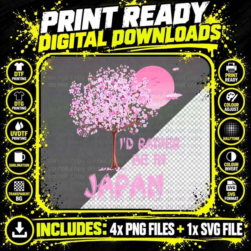 Japanese Cherry Blossom Tree Funny I'd Rather Be in Png SVG Digital Bundle