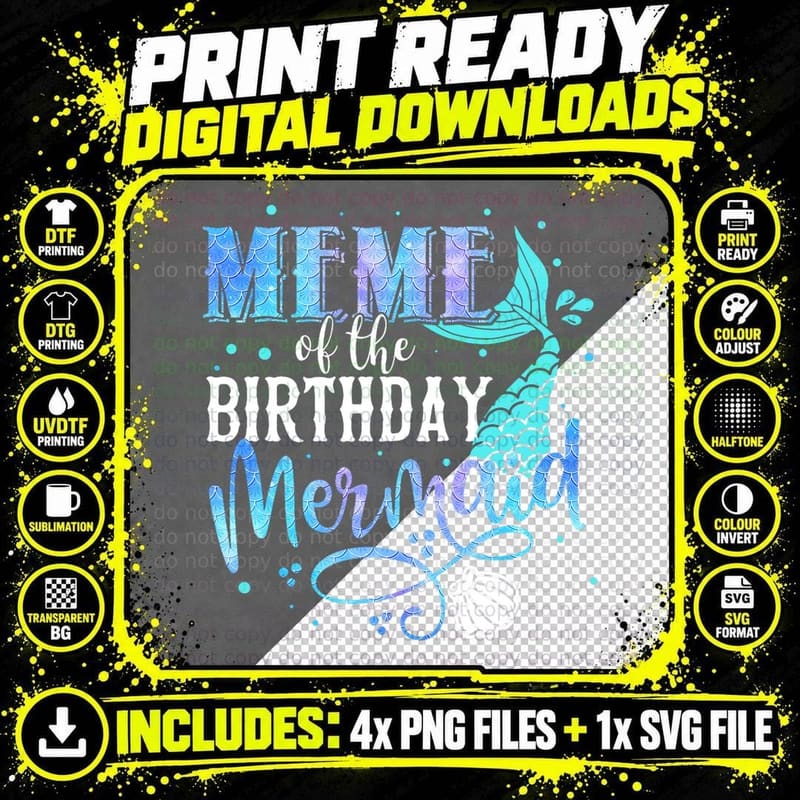 Meme of the Birthday Mermaid Family Matching Party Squad Png SVG Digital Bundle