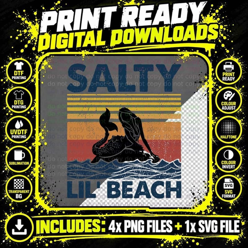 Mermaid Salty Lil' Beach Vintage Funny T-Shirt Png SVG Digital Bundle