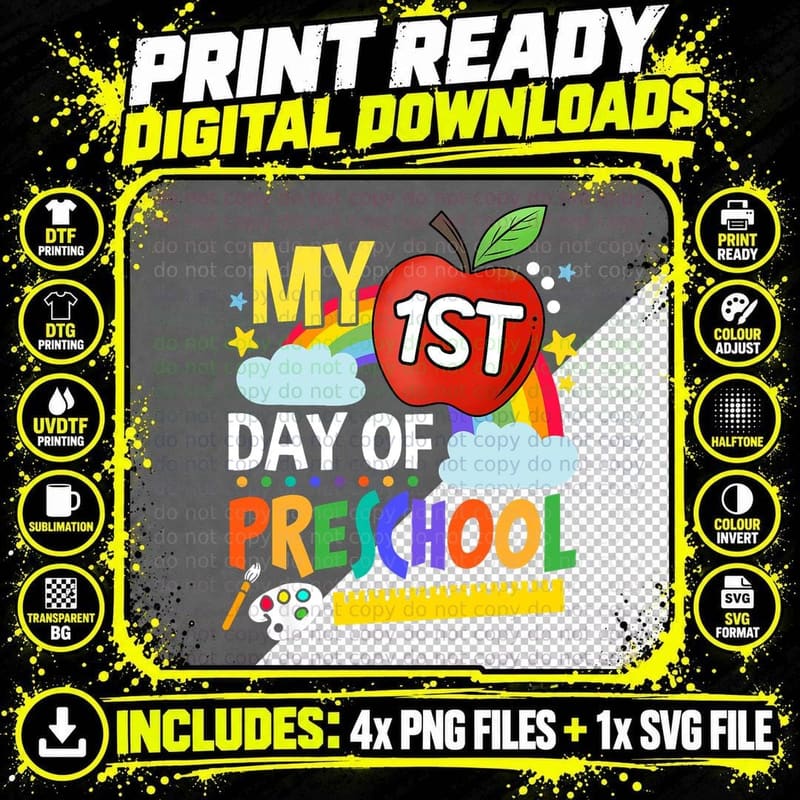 My First Day of Preschool Funny Colorful Rainbow T-Shirt Png SVG Digital Bundle