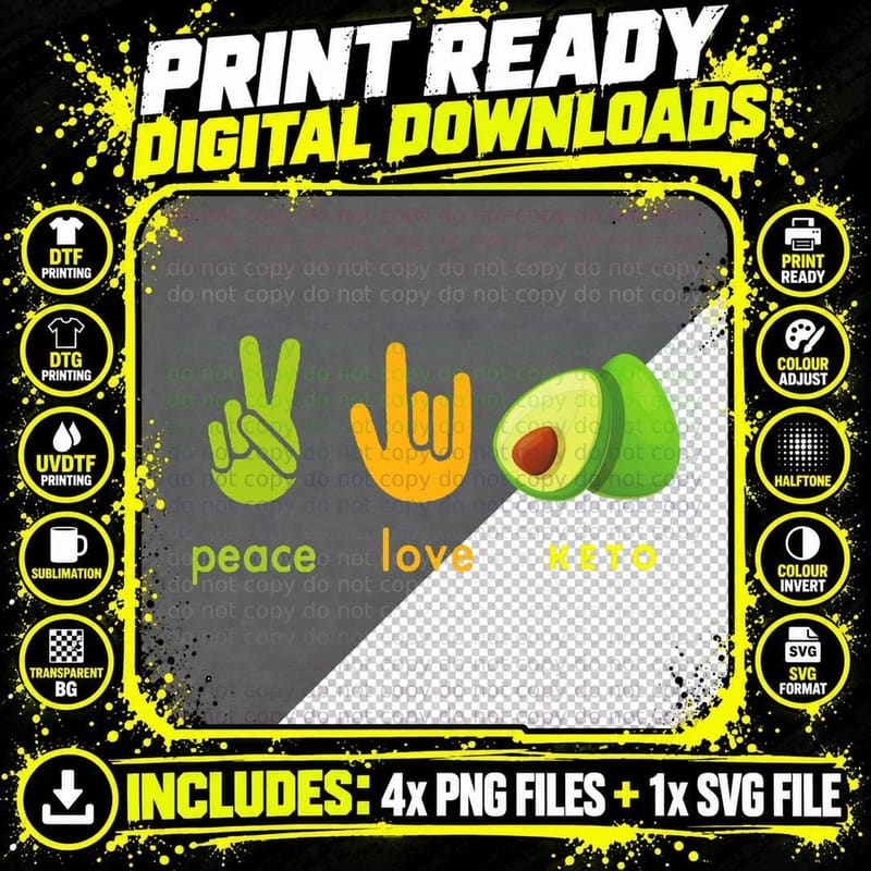Peace Love Keto Funny Hand Sign and Avocado Design Png SVG Digital Bundle