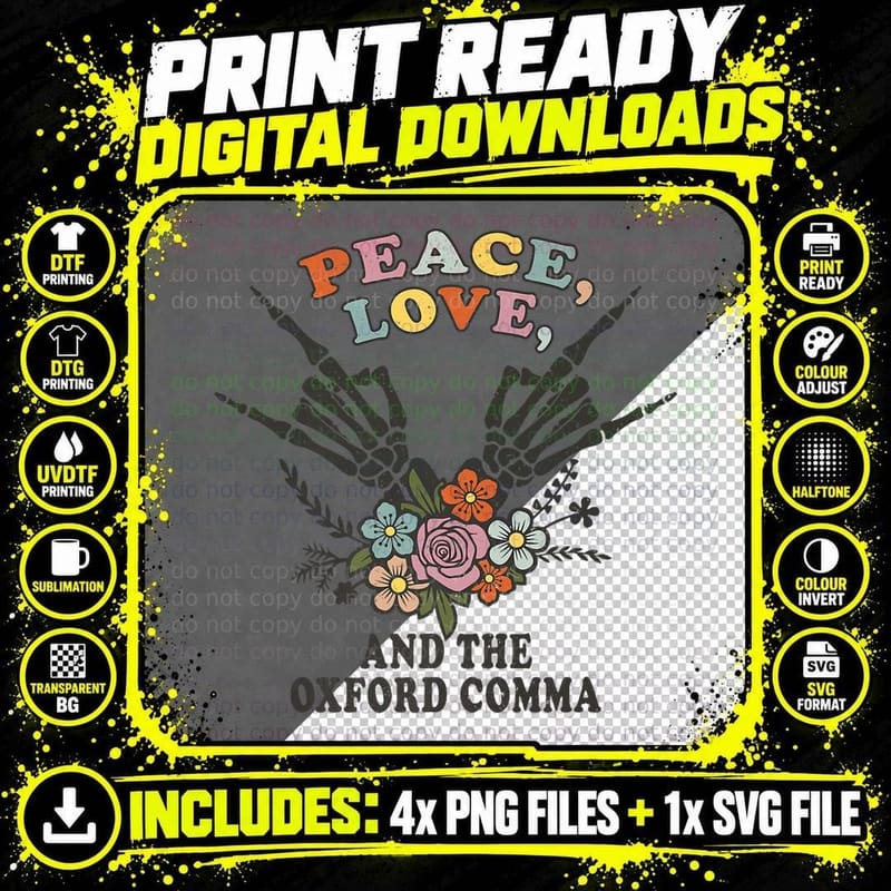Peace, Love and the Oxford Comma English Grammar Humor Png SVG Digital Bundle