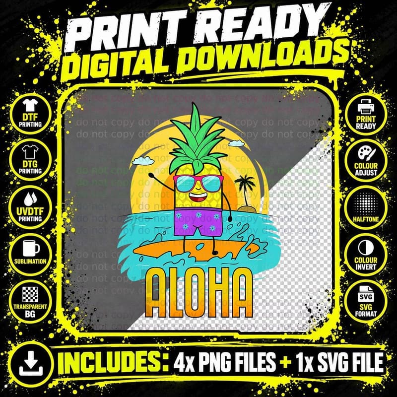 Pineapple Surfing Aloha Beach Hawaiian Kids Funny Gift Png SVG Digital Bundle