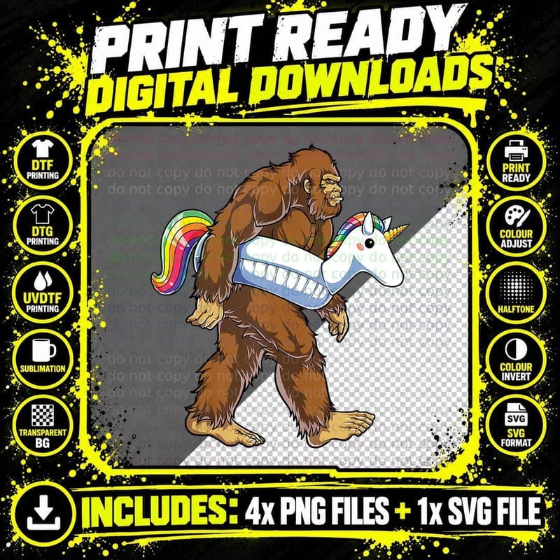 Pool Party Bigfoot Unicorn Float Funny Sasquatch Rainbow Png SVG Digital Bundle