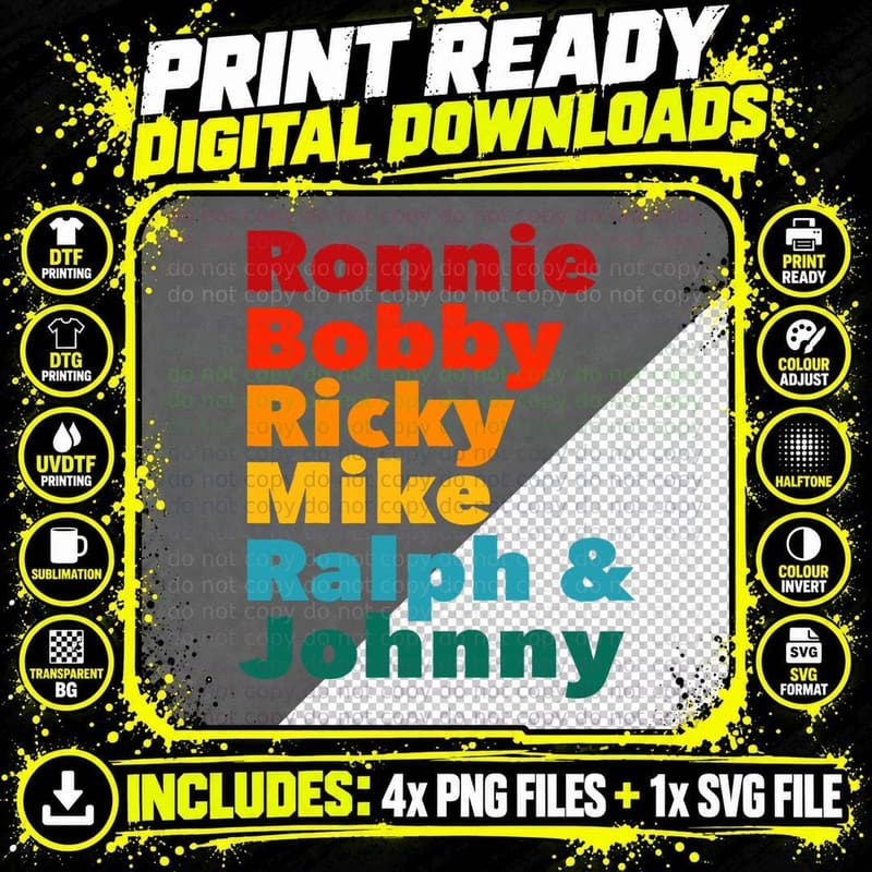 Ronnie Bobby Ricky Mike Ralph and Johnny 80's Hip-Hop Png SVG Digital Bundle