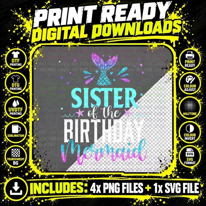 Sister of the Birthday Mermaid Funny Matching Family Png SVG Digital Bundle