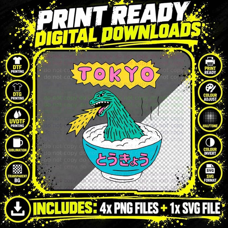 Tokyo Japan Funny Vintage Monster Attack on Soup Ramen Png SVG Digital Bundle