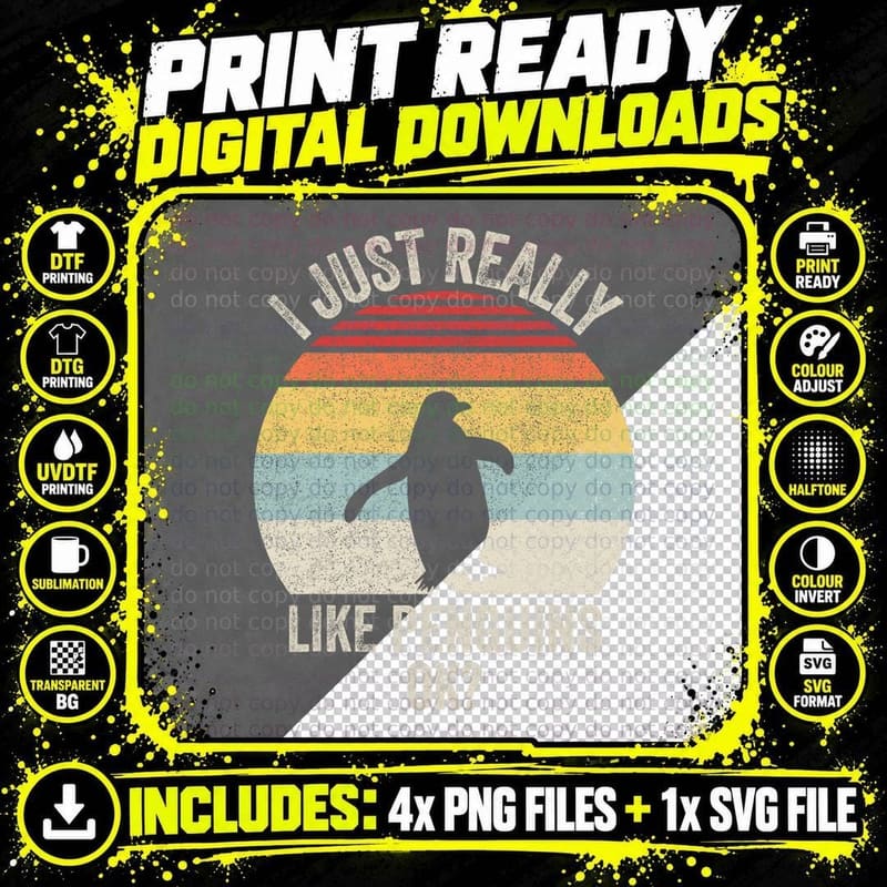 Vintage Retro I Just Really Like Penguins Ok Funny Png SVG Digital Bundle