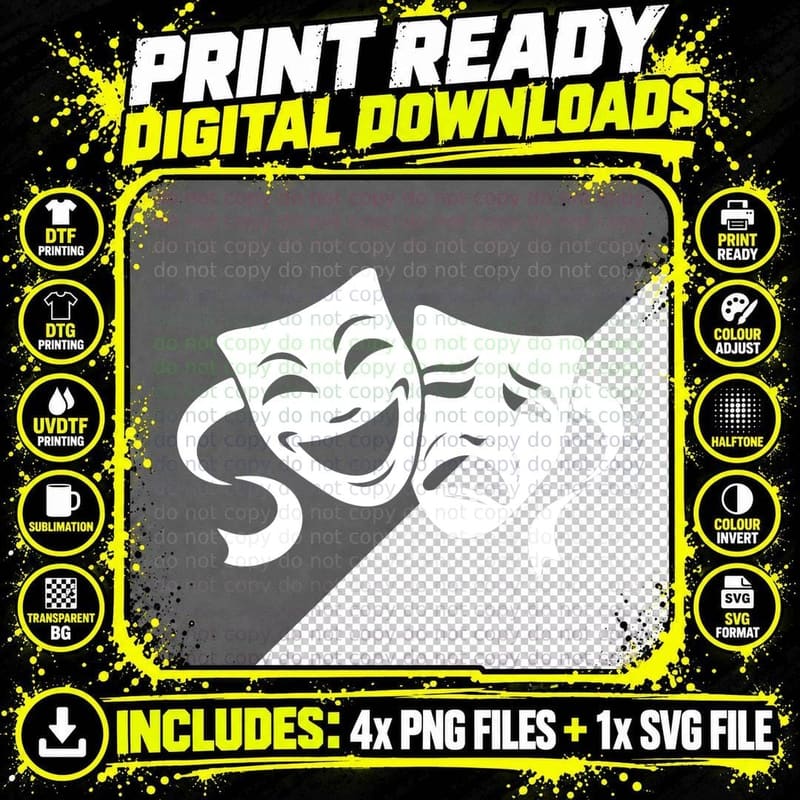 Comedy & Tragedy Theater White Masks Funny Men Women & Png SVG Digital Bundle