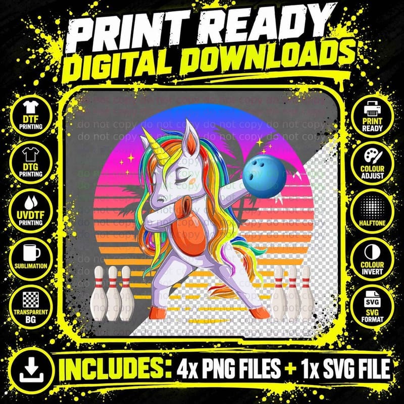 Dabbing Unicorn Bowling Funny Bowling Tenpins Boys Girls Png SVG Digital Bundle