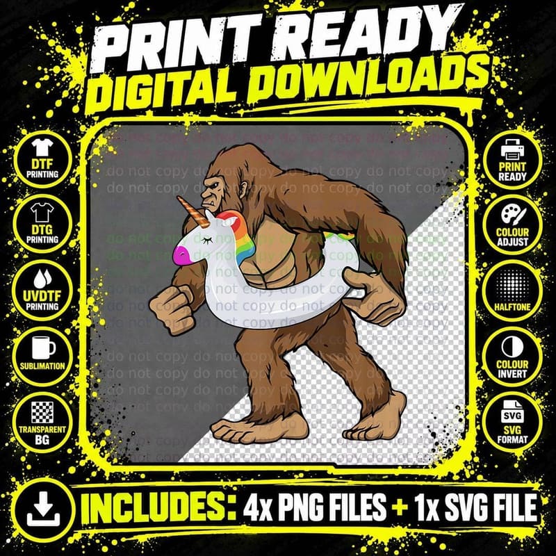 Funny Bigfoot with Unicorn Float Sasquatch Summer Pool Png SVG Digital Bundle