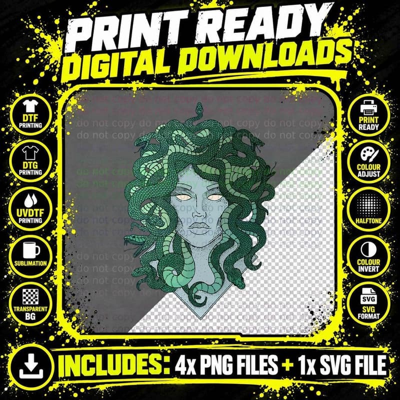 Funny Medusa Holographique Head Myth Cute Snake Hair Png SVG Digital Bundle