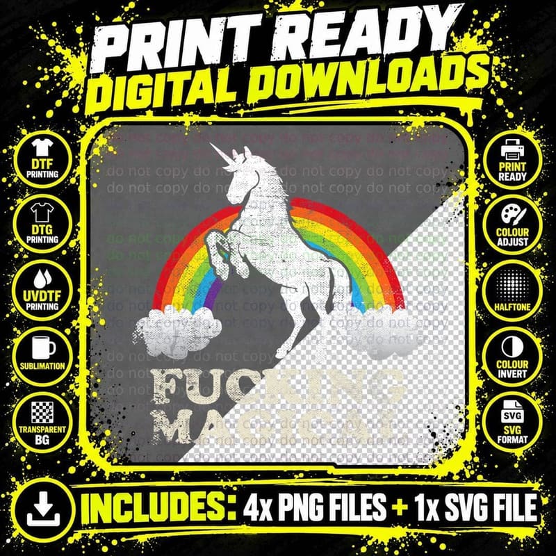 Funny Retro Adult Humour Fucking Magical Unicorn Rainbow Png SVG Digital Bundle