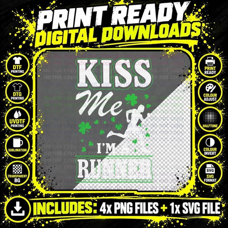 Funny St. Patricks Day Running Kiss Me I'm a Runner Png SVG Digital Bundle