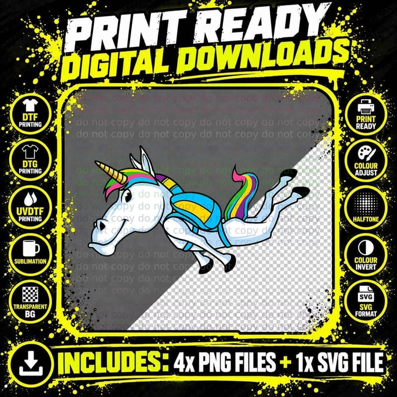 Funny Unicorn Sports Skydiving Magical Parachuting Png SVG Digital Bundle