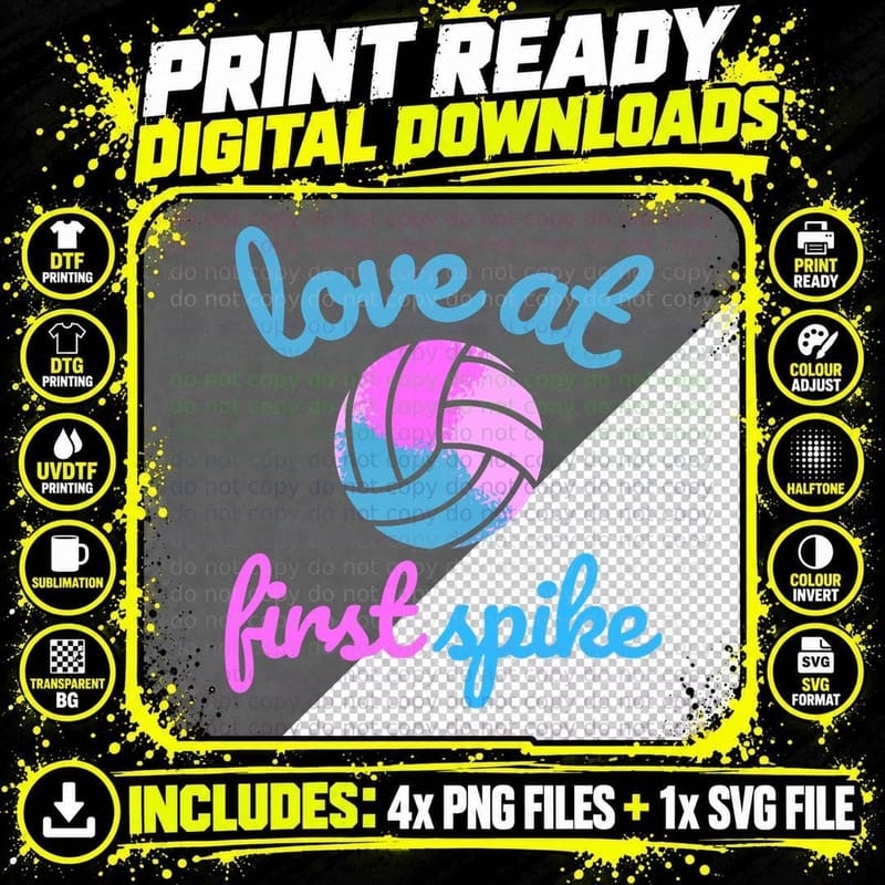 Funny Volleyball Player Motivation Love at First Spike Png SVG Digital Bundle
