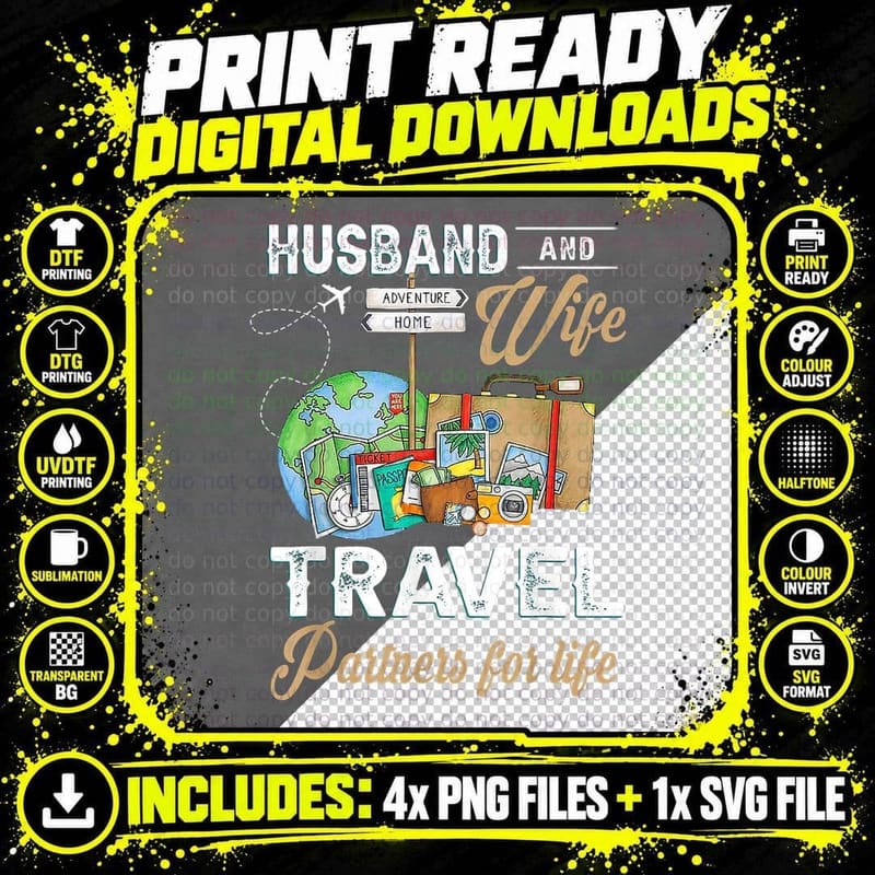 Husband and Wife Travel Partners for Life Funny Couple Png SVG Digital Bundle