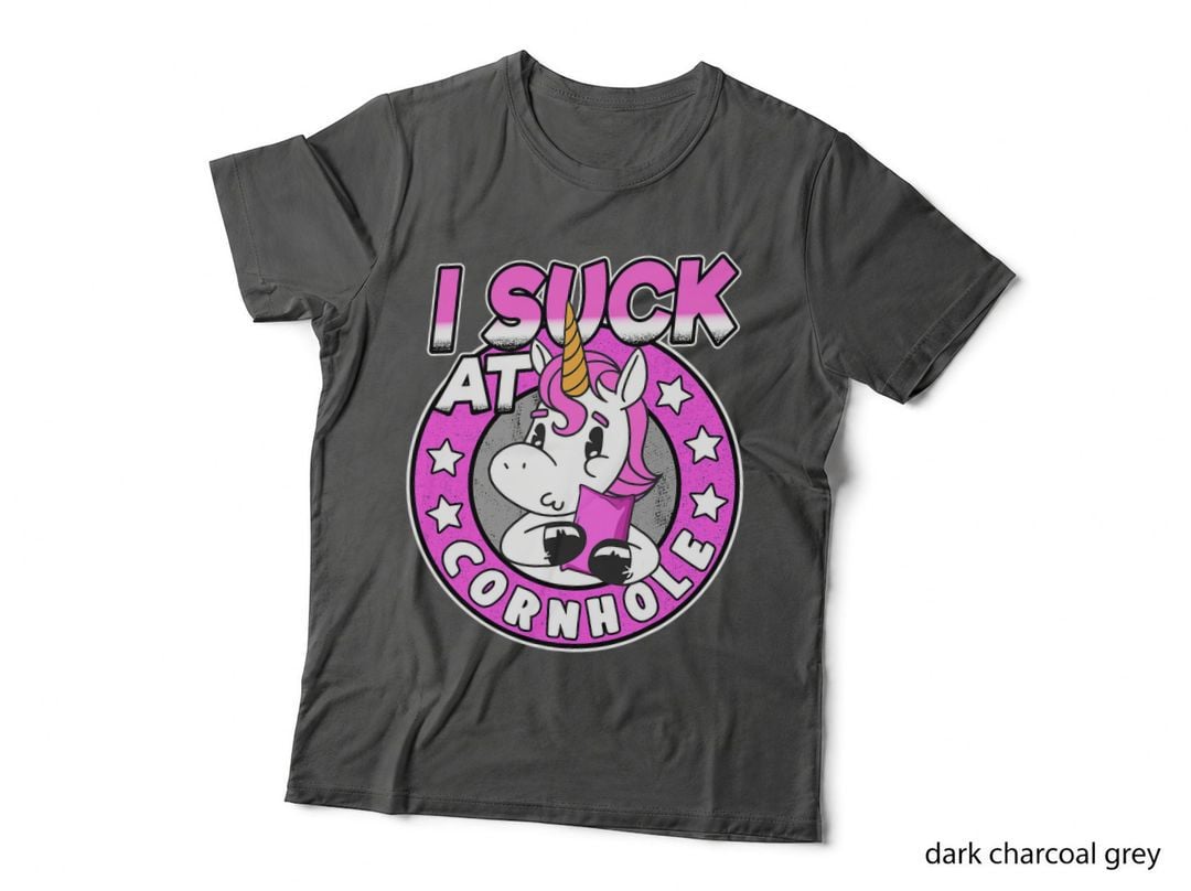 I Suck at Cornhole Loser Funny Sarcastic Joke Pink Unicorn T-Shirt