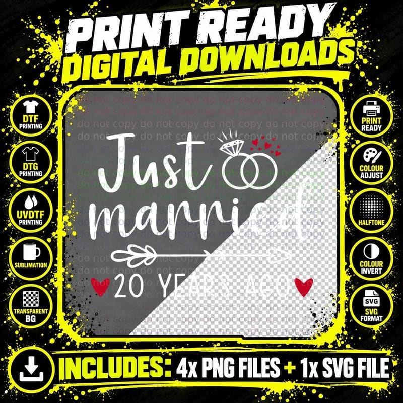 Just Married Couples Funny Husband Wife 20th Anniversary Png SVG Digital Bundle