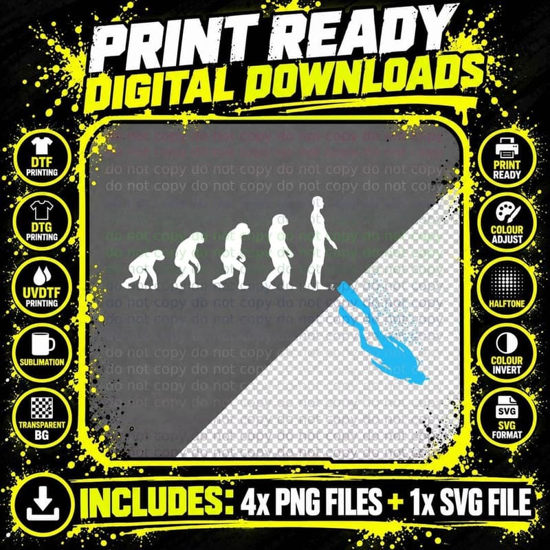 Scuba Diving Diver Funny Human Evolution Ocean Sea Png SVG Digital Bundle