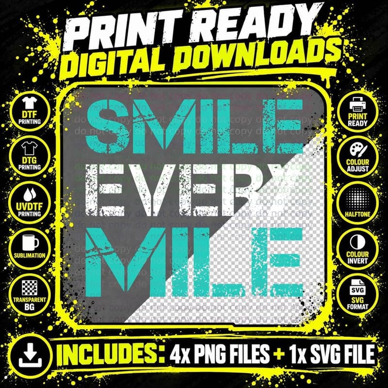 Smile Every Mile. Funny Running Tshirts. Runner Gifts Png SVG Digital Bundle
