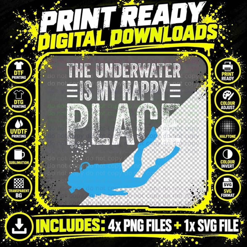 Underwater Is My Happy-Place Funny Scuba Diver Ocean Png SVG Digital Bundle