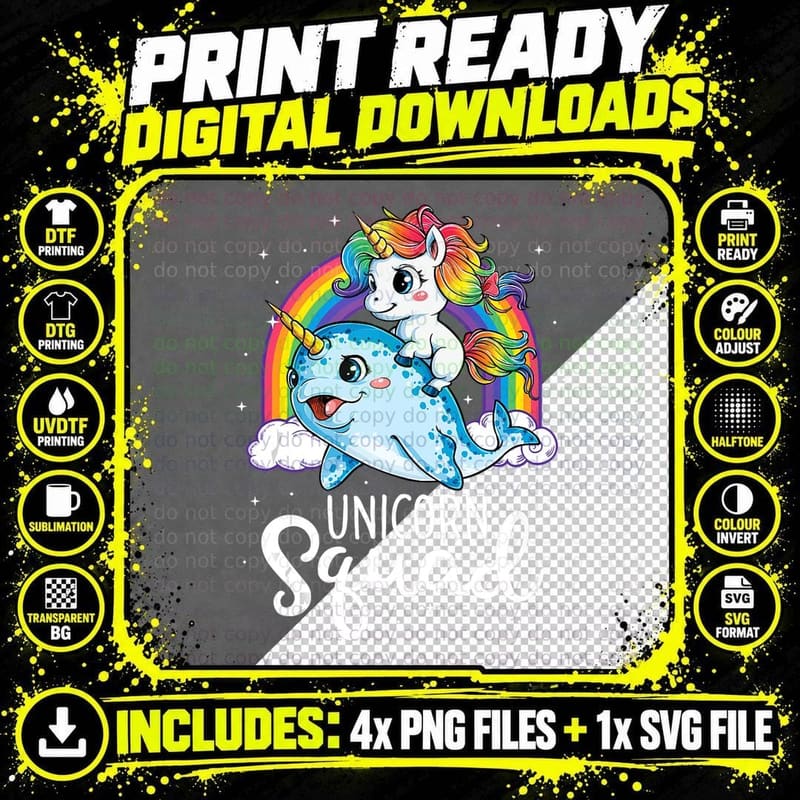 Unicorn Squad Narwhal Funny Rainbow Unicorns Tee Women Png SVG Digital Bundle