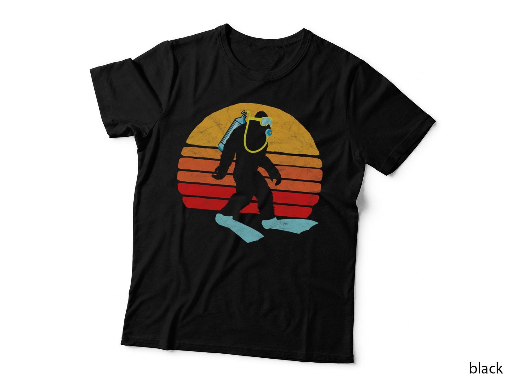 Vintage Funny Bigfoot SCUBA Diving Retro Diver & 80s Sun T-Shirt