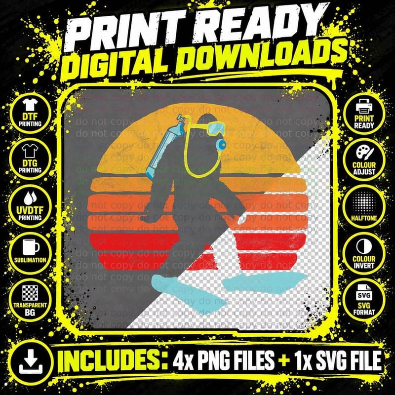 Vintage Funny Bigfoot SCUBA Diving Retro Diver & 80s Sun Png SVG Digital Bundle