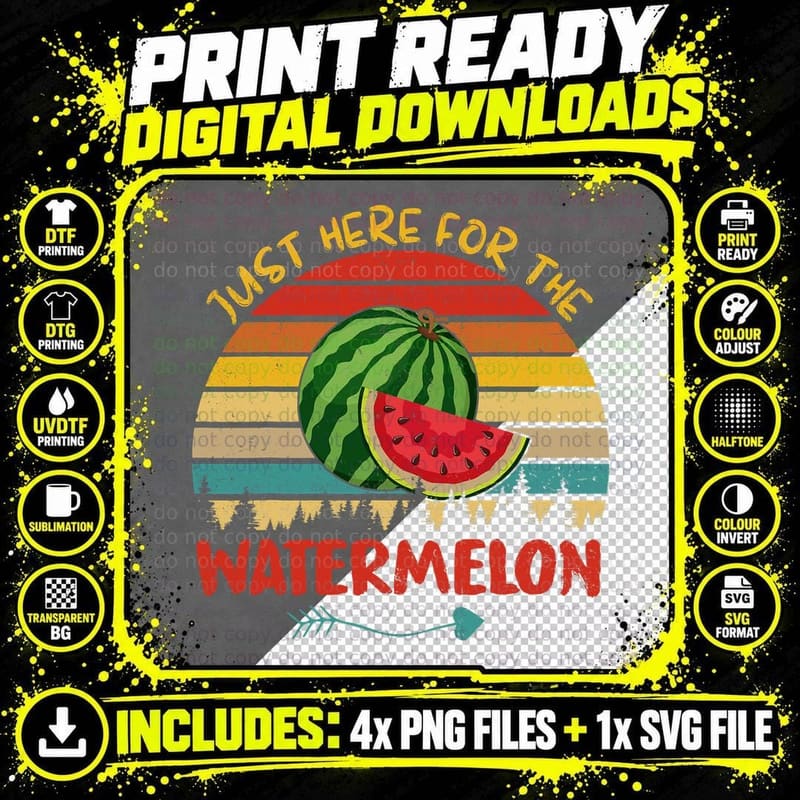 Vintage Retro Just Here for the Watermelon Funny Vegan Png SVG Digital Bundle