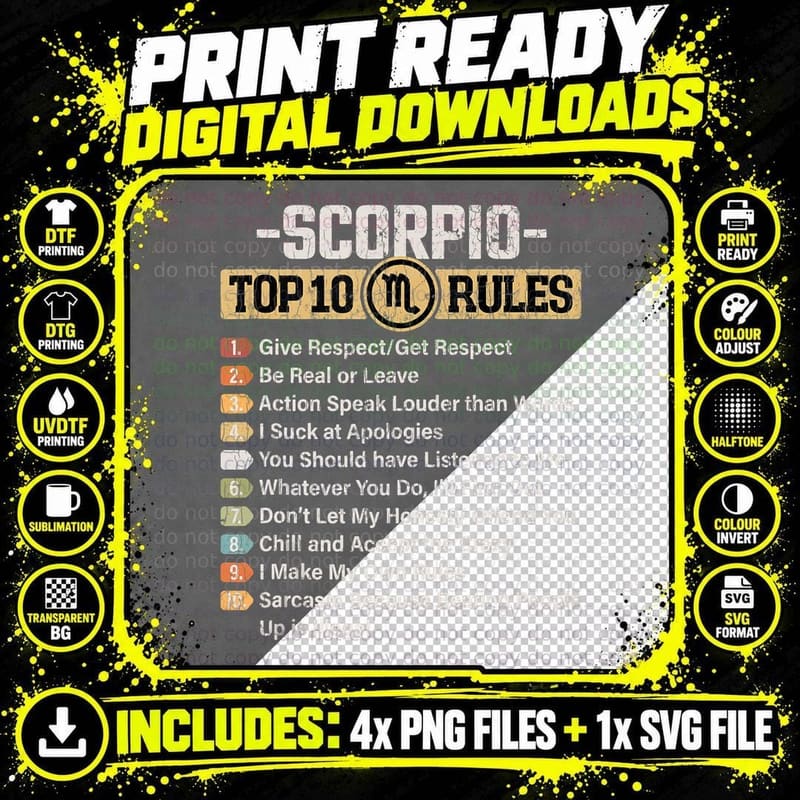 Zodiac Sign Funny Top 10 Rules of Scorpio Graphic Png SVG Digital Bundle