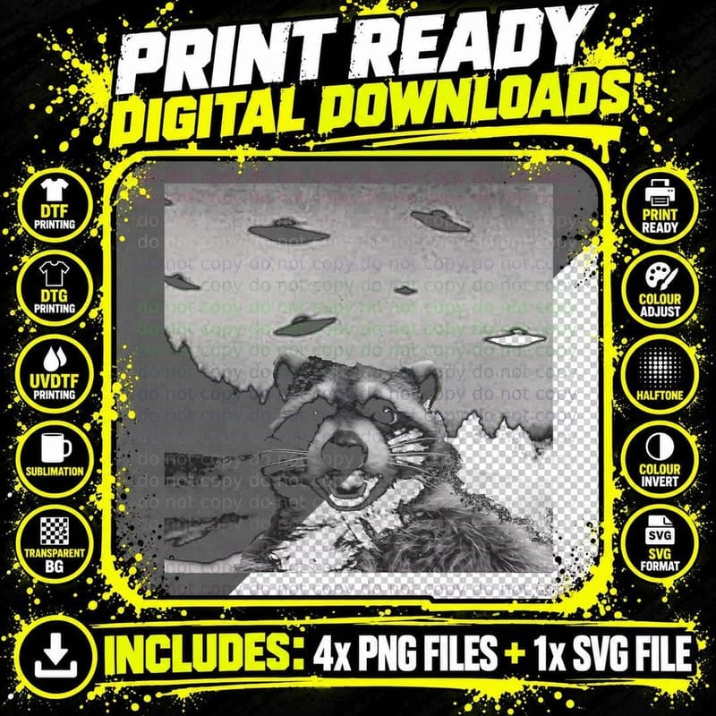 Alien UFO Funny Raccoon T-Shirt Png SVG Digital Bundle