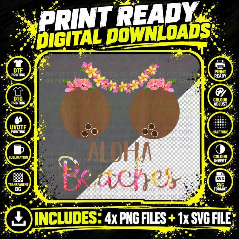 Coconut Bra Flower Boobs Hawaii Aloha Beaches Funny Png SVG Digital Bundle
