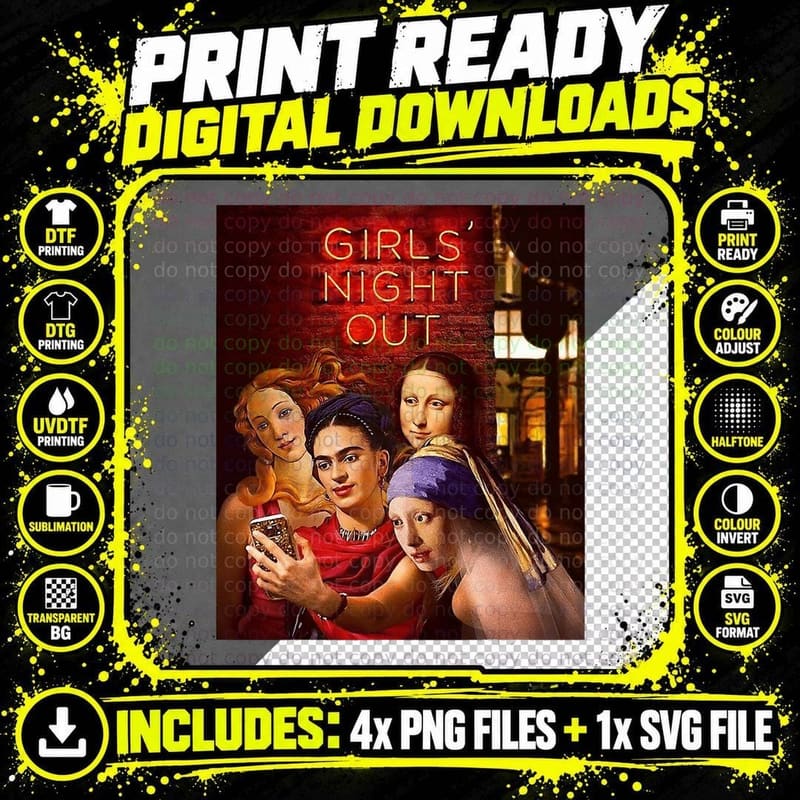 Funny Girls Night Out, Mona Lisa Painting Artworks Png SVG Digital Bundle