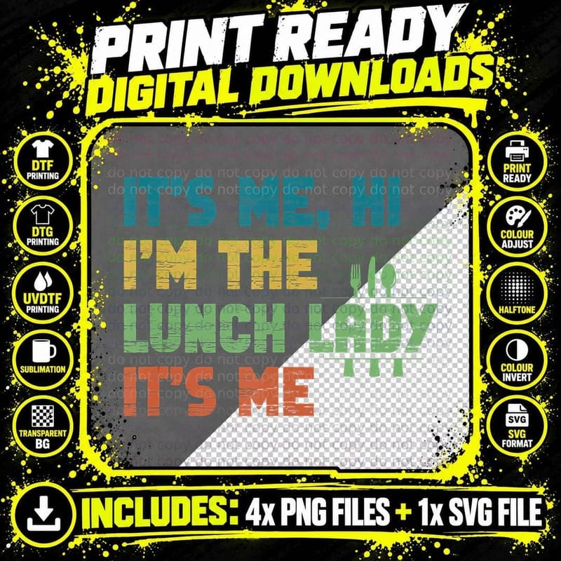 Groovy It's Me Hi I'm Lunch Lady It's Me Funny Lunch Png SVG Digital Bundle