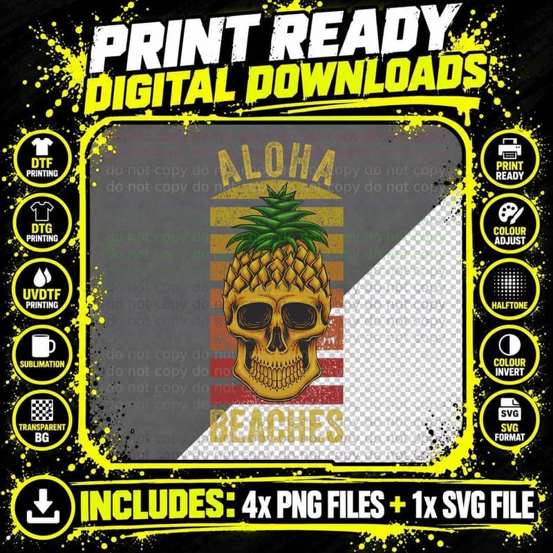 Hawaiian Pineapple Skull Aloha Beaches Funny Hawaii Png SVG Digital Bundle