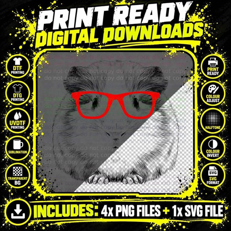 Hipster Guinea Pig in Red Glasses Funny Animals Pet Png SVG Digital Bundle