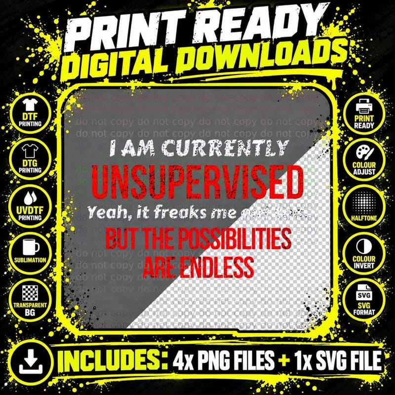 I Am Currently Unsupervised Adult Humor Novelty T Shirt Png SVG Digital Bundle