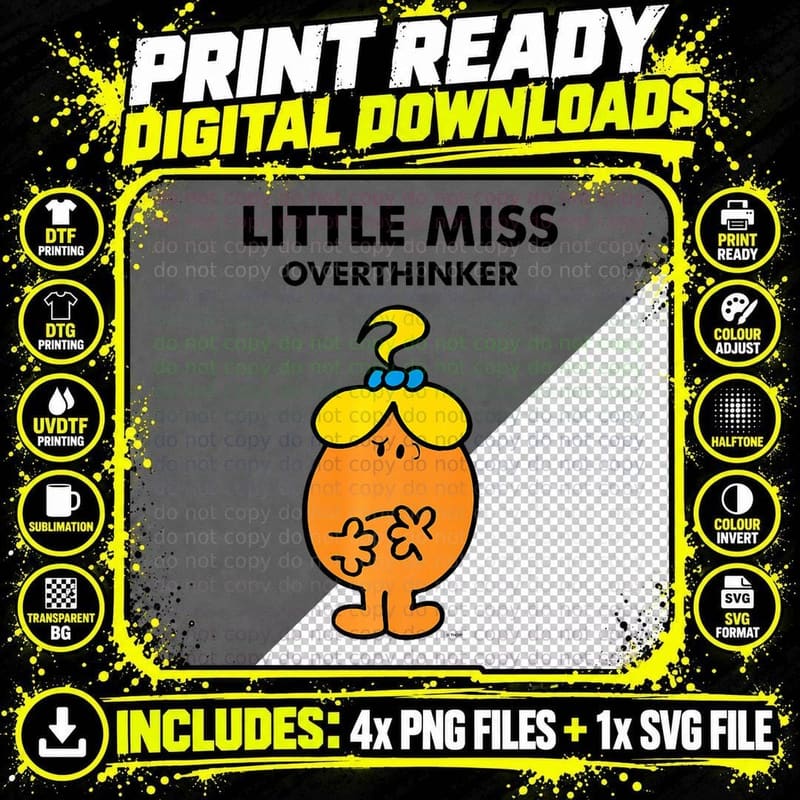 Mr. Men Little Miss Meme - Little Miss Overthinker Png SVG Digital Bundle