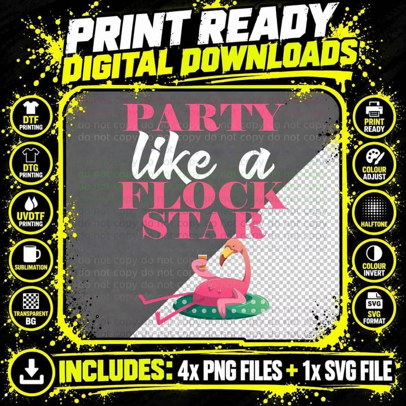 Party Like a Flock Star - Funny Flamingo Lover Pun Joke Png SVG Digital Bundle